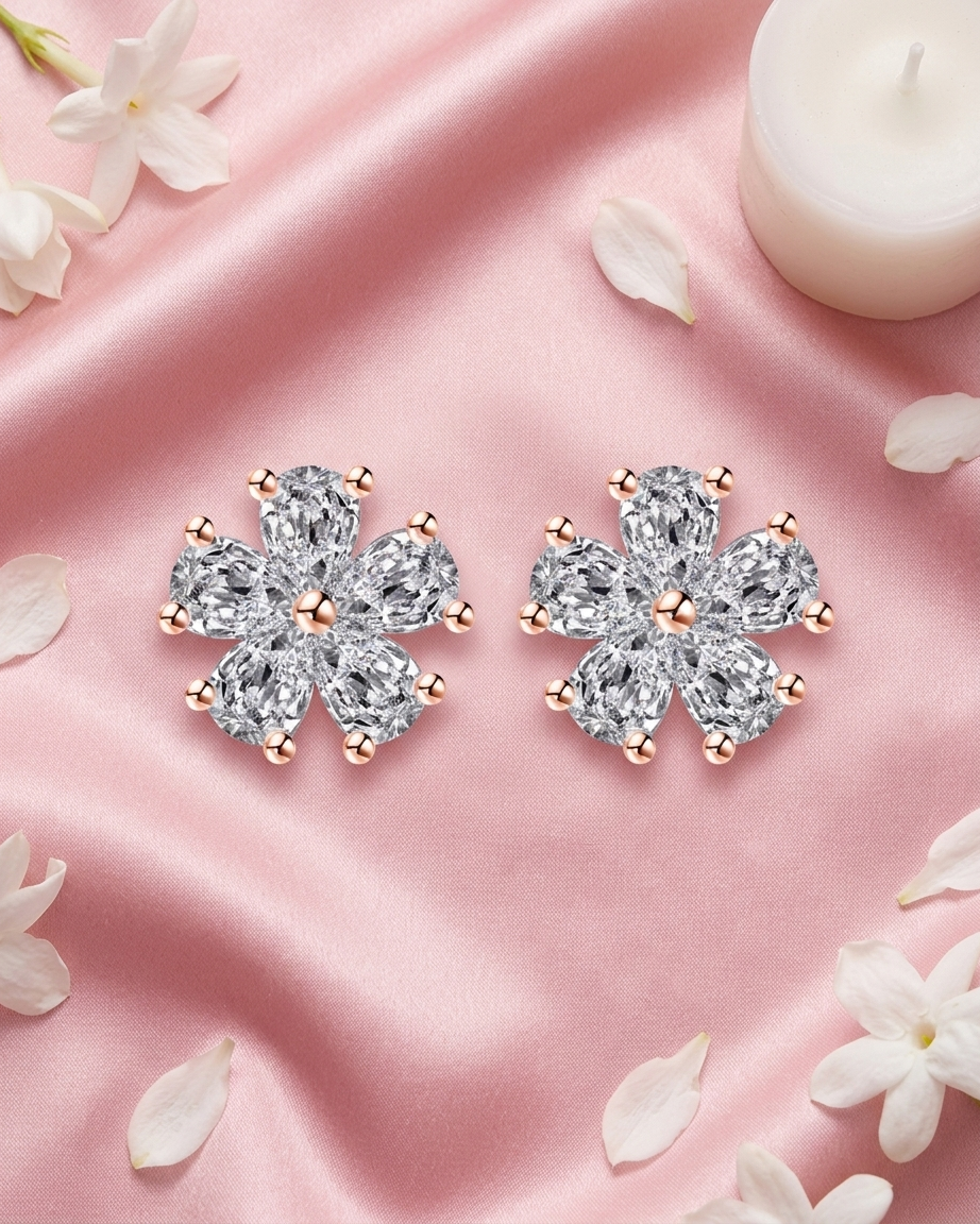 The Fleur American Diamond Studs | Rose Gold Floral Earrings | Rose Gold Plated Anti-Tarnish