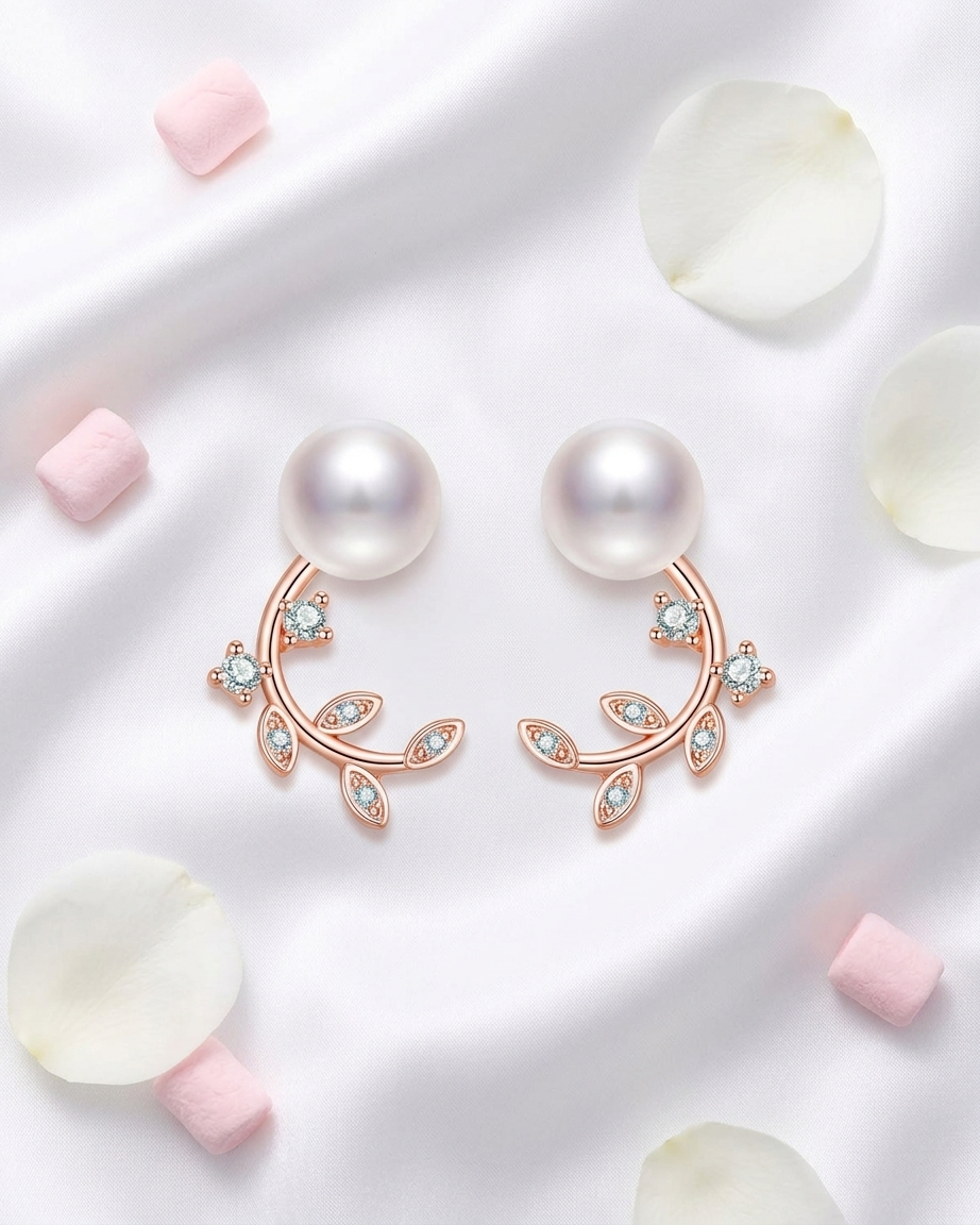 The Laurel Pearl & Vine American Diamond Studs | Rose Gold Pearl Earrings | 18K Gold Plated Anti-Tarnish