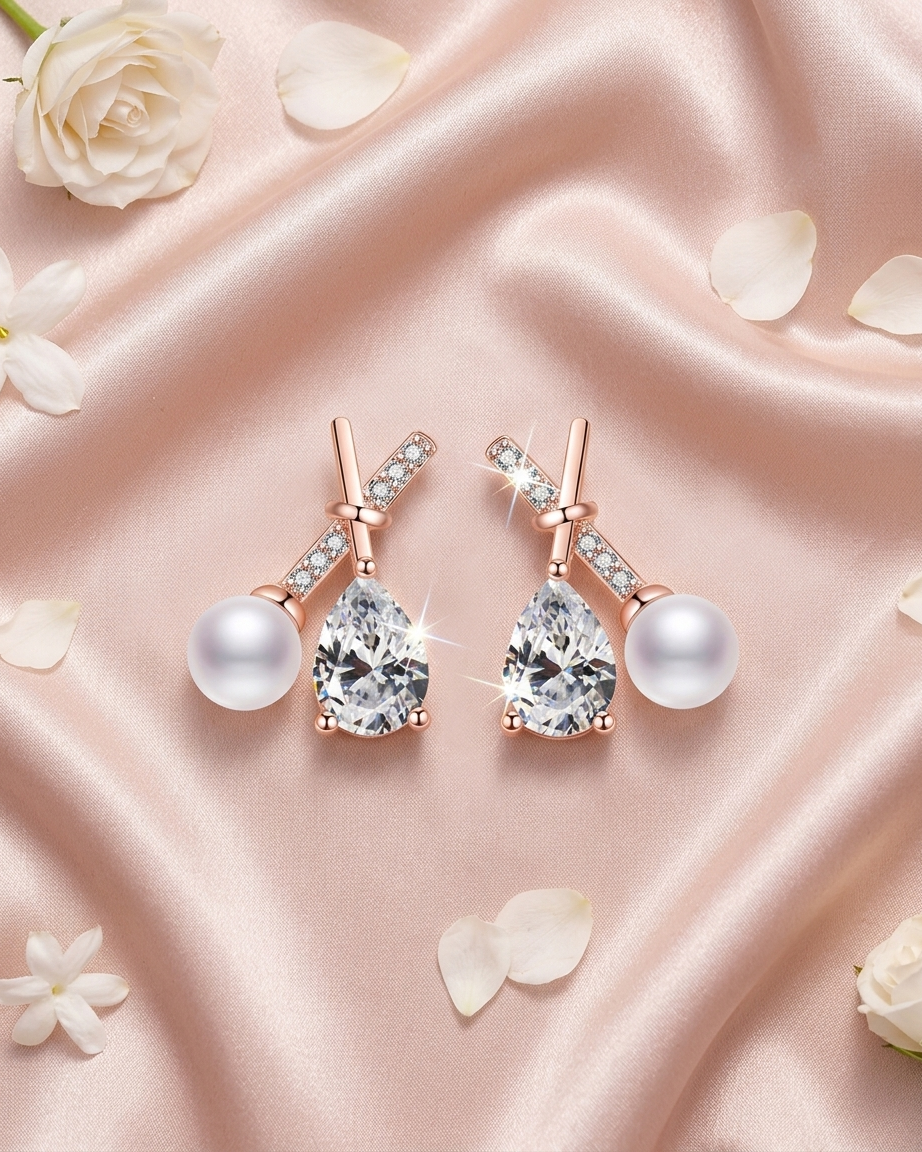 The Elara Pearl & Crystal Drop American Diamond Studs | Rose Gold Teardrop Earrings | Rose Gold Plated Anti-Tarnish