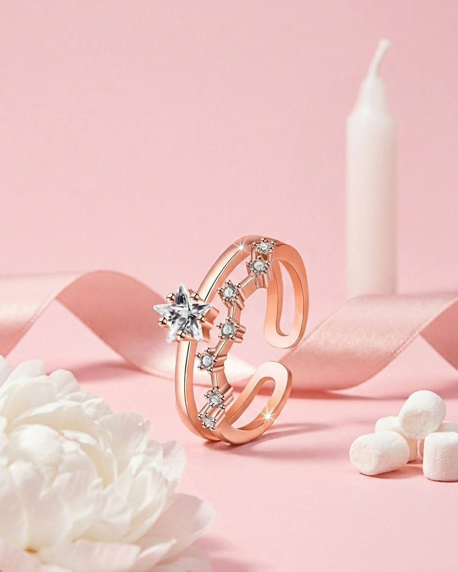 The Astra Double Band Ring | Adjustable Star Crystal Ring | Rose Gold Plated Anti-Tarnish