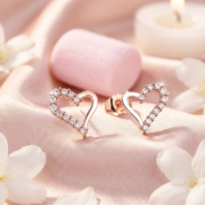 The Amara Half-Pavé Heart American Diamond Studs | Rose Gold Heart Earrings | Rose gold Gold Plated Anti-Tarnish