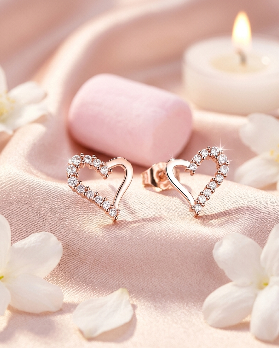 The Amara Half-Pavé Heart American Diamond Studs | Rose Gold Heart Earrings | Rose gold Gold Plated Anti-Tarnish