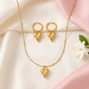 18K Gold Plated Sculpted Heart Jewelry Set | Anti-Tarnish Beaded Snake Chain Necklace | Waterproof Minimalist Heart Hoop Earrings | Coquette Aesthetic Gift Set