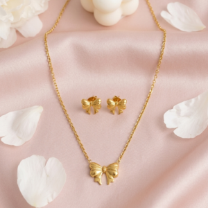 18K Gold Plated Ribbed Bow Necklace & Earring Set | Anti-Tarnish Textured Ribbon Jewelry | Waterproof Minimalist Coquette Aesthetic Gift Set