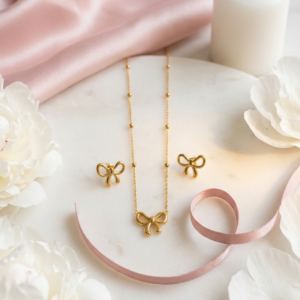 18K Gold Plated Bow Necklace & Earring Set | Anti-Tarnish Beaded Chain Ribbon Jewelry | Waterproof Coquette Aesthetic Gift Set