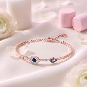 Rose Gold Evil Eye Protection Bangle | Sapphire Blue Crystal Charm Bracelet | Anti-Tarnish Minimalist Protection Jewelry | Waterproof Adjustable Statement Bangle
