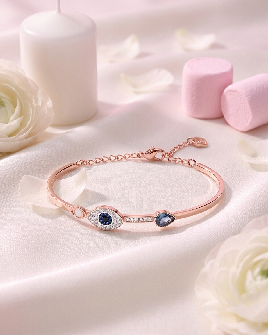 Rose Gold Evil Eye Protection Bangle | Sapphire Blue Crystal Charm Bracelet | Anti-Tarnish Minimalist Protection Jewelry | Waterproof Adjustable Statement Bangle