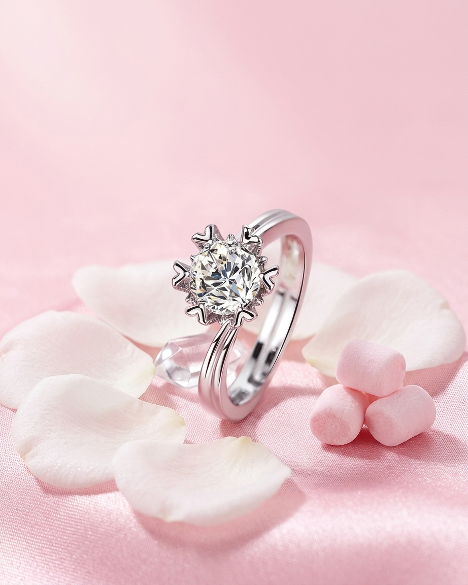 Sterling Silver Sparkling Snowflake Ring | Heart-Prong Cubic Zirconia Statement Ring | Hypoallergenic Winter Blossom Adjustable Jewelry