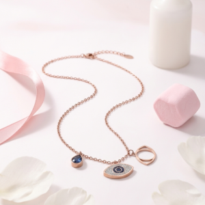 Rose Gold Evil Eye Charm Necklace | Sapphire Blue Crystal Teardrop Pendant | Anti-Tarnish Multi-Charm Protection Necklace | Waterproof Rose Gold Dainty Jewelry Set