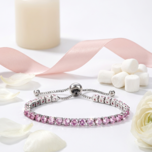 Adjustable Blush Pink Crystal Tennis Bracelet | Silver-Toned Pavé Bolo Bracelet | Waterproof Minimalist Sparkling Stackable Jewelry