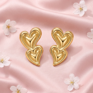 18K Gold Plated Double Layered Puffy Heart Studs | Anti-Tarnish 3D Stacked Heart Statement Earrings