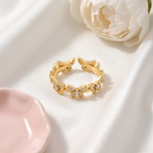 18K Gold Plated Crystal Butterfly Garden Ring | Anti-Tarnish Shimmering Butterfly Band | Waterproof Adjustable Nature-Inspired Statement Jewelry