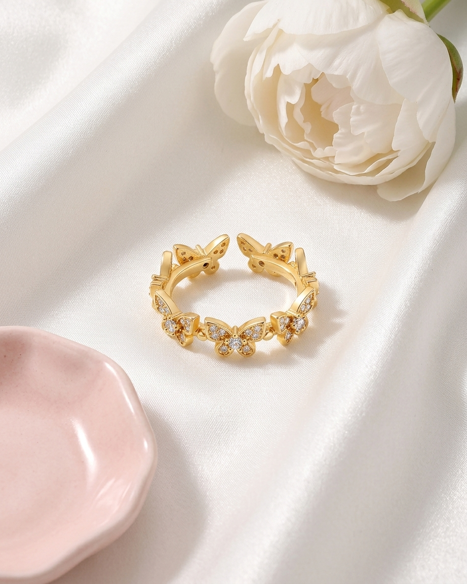 18K Gold Plated Crystal Butterfly Garden Ring | Anti-Tarnish Shimmering Butterfly Band | Waterproof Adjustable Nature-Inspired Statement Jewelry