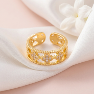 18K Gold Plated Crystal Clover Filigree Ring | Anti-Tarnish Beaded Edge Statement Band | Waterproof Adjustable Floral Jewelry