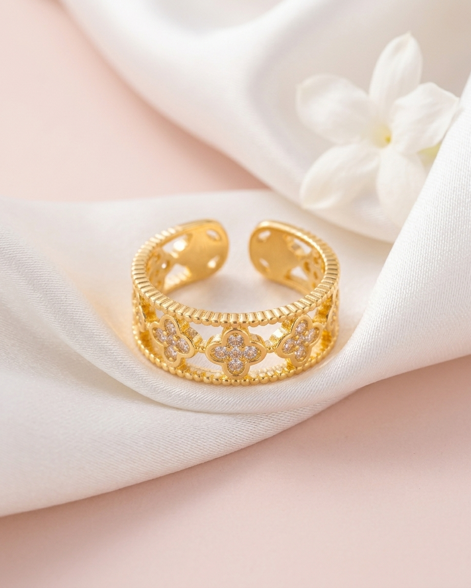18K Gold Plated Crystal Clover Filigree Ring | Anti-Tarnish Beaded Edge Statement Band | Waterproof Adjustable Floral Jewelry
