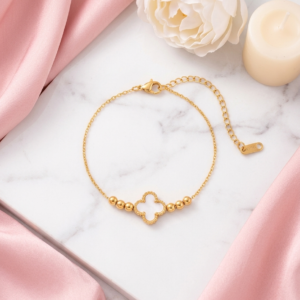 18K Gold Plated Mother-of-Pearl Clover Bracelet | Anti-Tarnish Beaded Chain Lucky Charm | Waterproof Minimalist Adjustable Jewelry