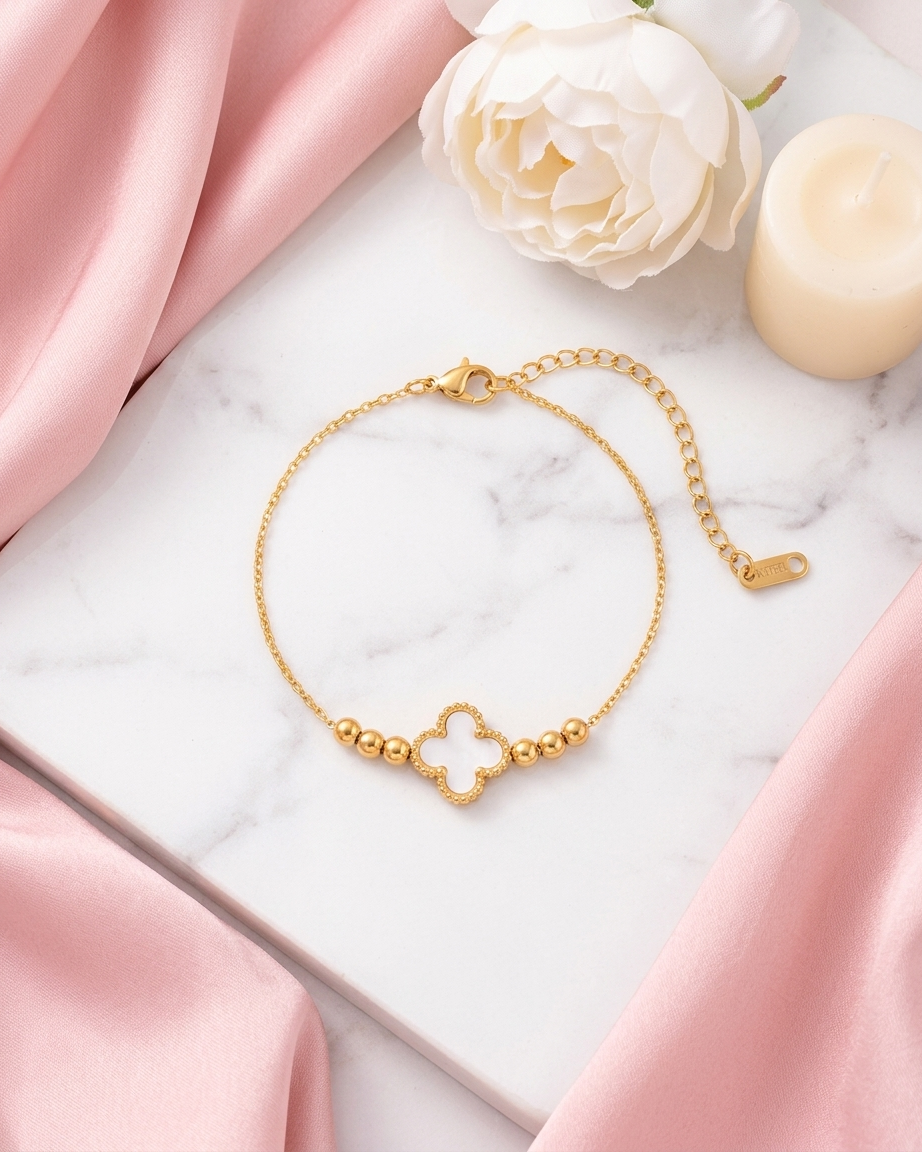 18K Gold Plated Mother-of-Pearl Clover Bracelet | Anti-Tarnish Beaded Chain Lucky Charm | Waterproof Minimalist Adjustable Jewelry