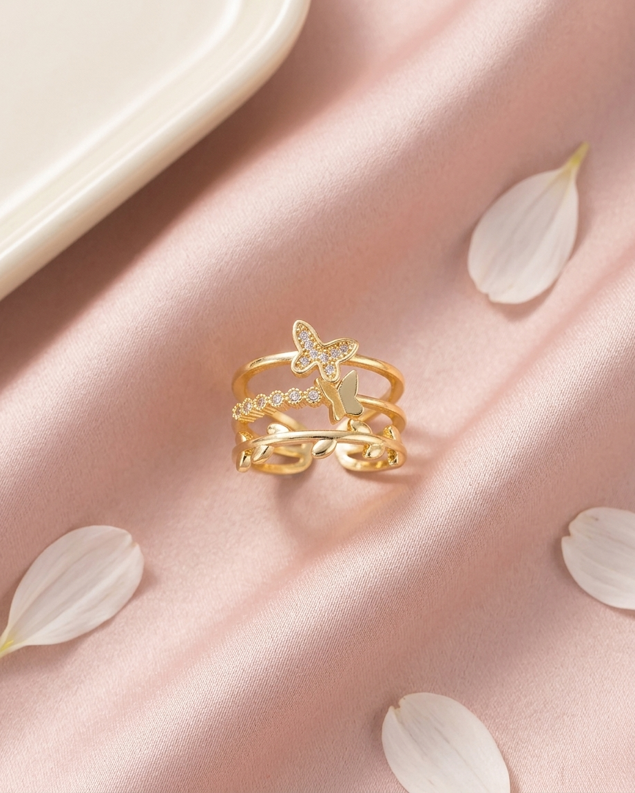 18K Gold Plated Multi-Layer Butterfly & Leaf Ring | Anti-Tarnish Triple Band Statement Jewelry | Waterproof Adjustable Nature-Inspired Sparkle