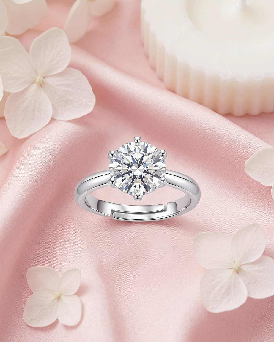 Sterling Silver Classic Six-Prong Solitaire Ring | AAA+ Cubic Zirconia Brilliant Cut Ring | Hypoallergenic Minimalist Adjustable Promise Ring