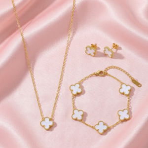 White Clover Motif Jewelry Set | 18K Gold Plated Anti-Tarnish Mother of Pearl Style Necklace, Bracelet & Studs