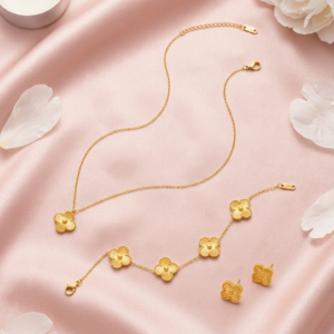 Textured Gold Clover Jewelry Set | 18K Gold Plated Anti-Tarnish Guilloché Necklace, Bracelet & Studs