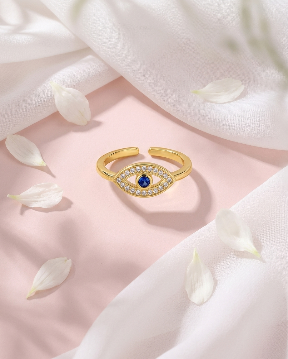 18K Gold Plated Contemporary Evil Eye Ring | Anti-Tarnish Adjustable Minimalist Jewelry