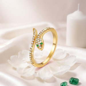 18K Gold Plated Crystal Snake Wrap Ring | Anti-Tarnish Emerald Eye Serpent Bypass Ring