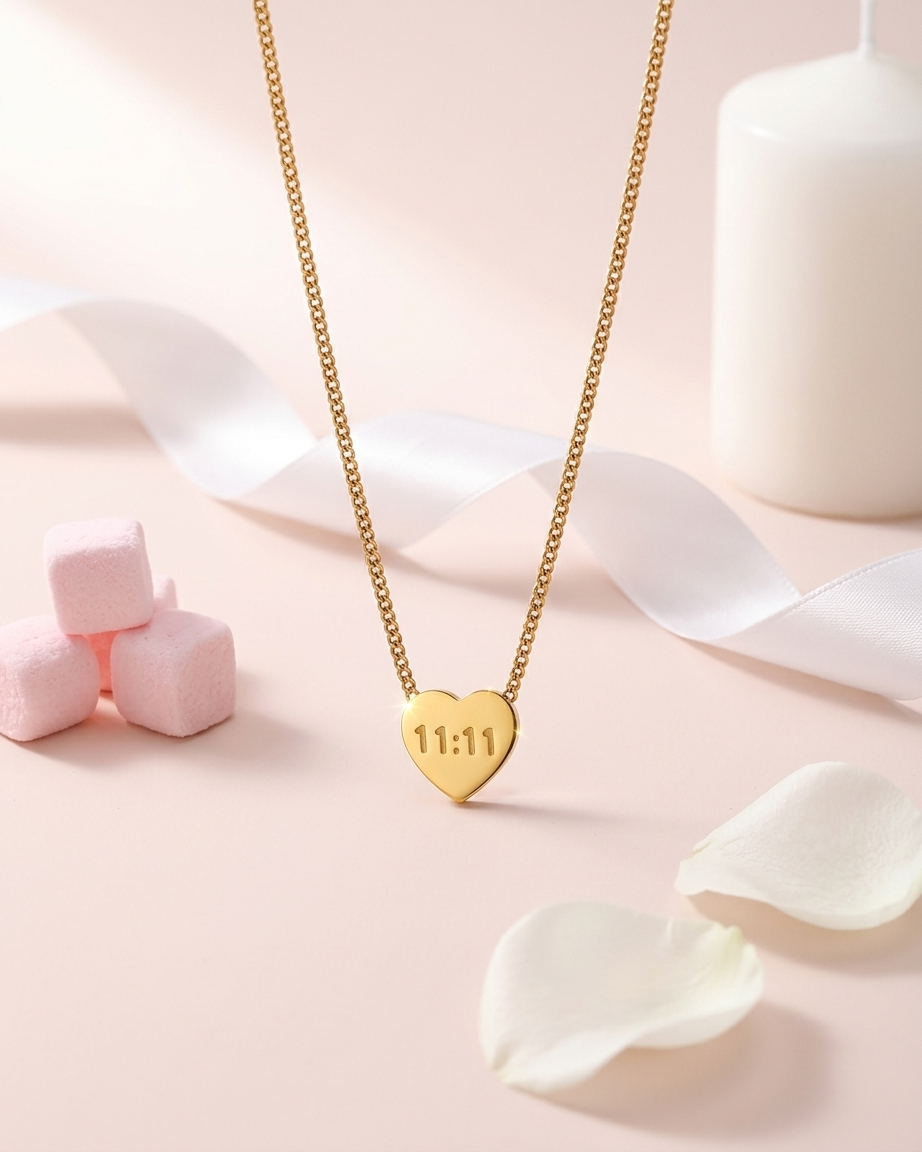 18K Gold Plated 11:11 Angel Number Necklace | Anti-Tarnish Manifestation Heart Pendant | Waterproof Minimalist Curb Chain Jewelry