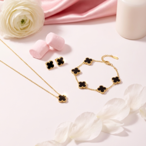 Black Clover Motif Jewelry Set | 18K Gold Plated Anti-Tarnish Necklace, Bracelet & Studs