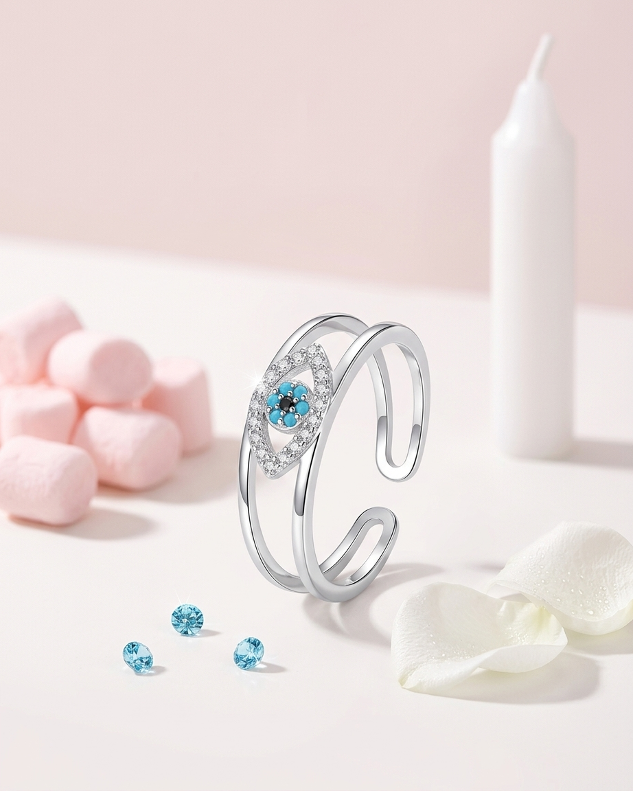 Silver Dual-Band Evil Eye Adjustable Ring | Anti-Tarnish Turquoise & Crystal Minimalist Jewelry