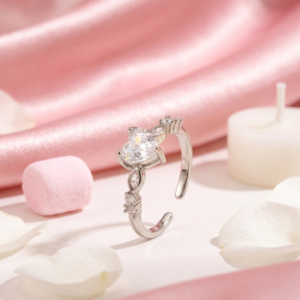 Silver Crystal Heart Promise Ring | Anti-Tarnish Adjustable Solitaire Marquise Detail Ring