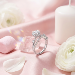 Silver Halo Solitaire Dual-Band Ring | Anti-Tarnish Adjustable American Diamond Wedding Style Ring