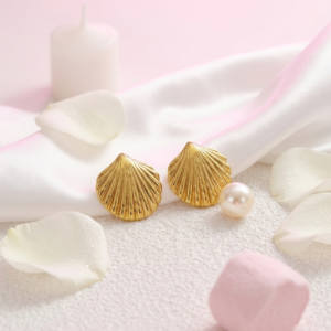 18K Gold Plated Shell Stud Earrings | Anti-Tarnish Stainless Steel Ribbed Scallop Studs | Waterproof Coastal Chic Jewelry