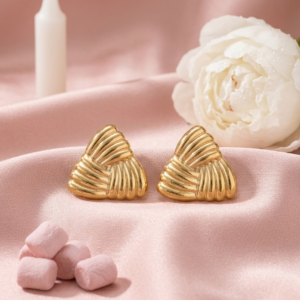 18K Gold Plated Abstract Ribbed Triangle Studs | Anti-Tarnish 3D Textured Geometric Statement Earrings