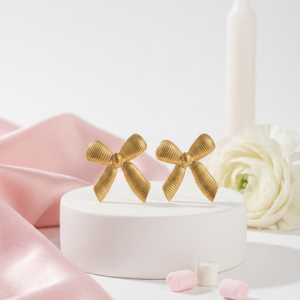 18K Gold Plated Abstract Ribbed Bow Studs | Anti-Tarnish 3D Textured Coquette Statement Earrings