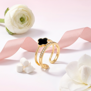 18K Gold Plated Clover Fusion Ring | Anti-Tarnish Black Enamel Clover & Crystal Band | Waterproof Adjustable Dual-Layer Ring