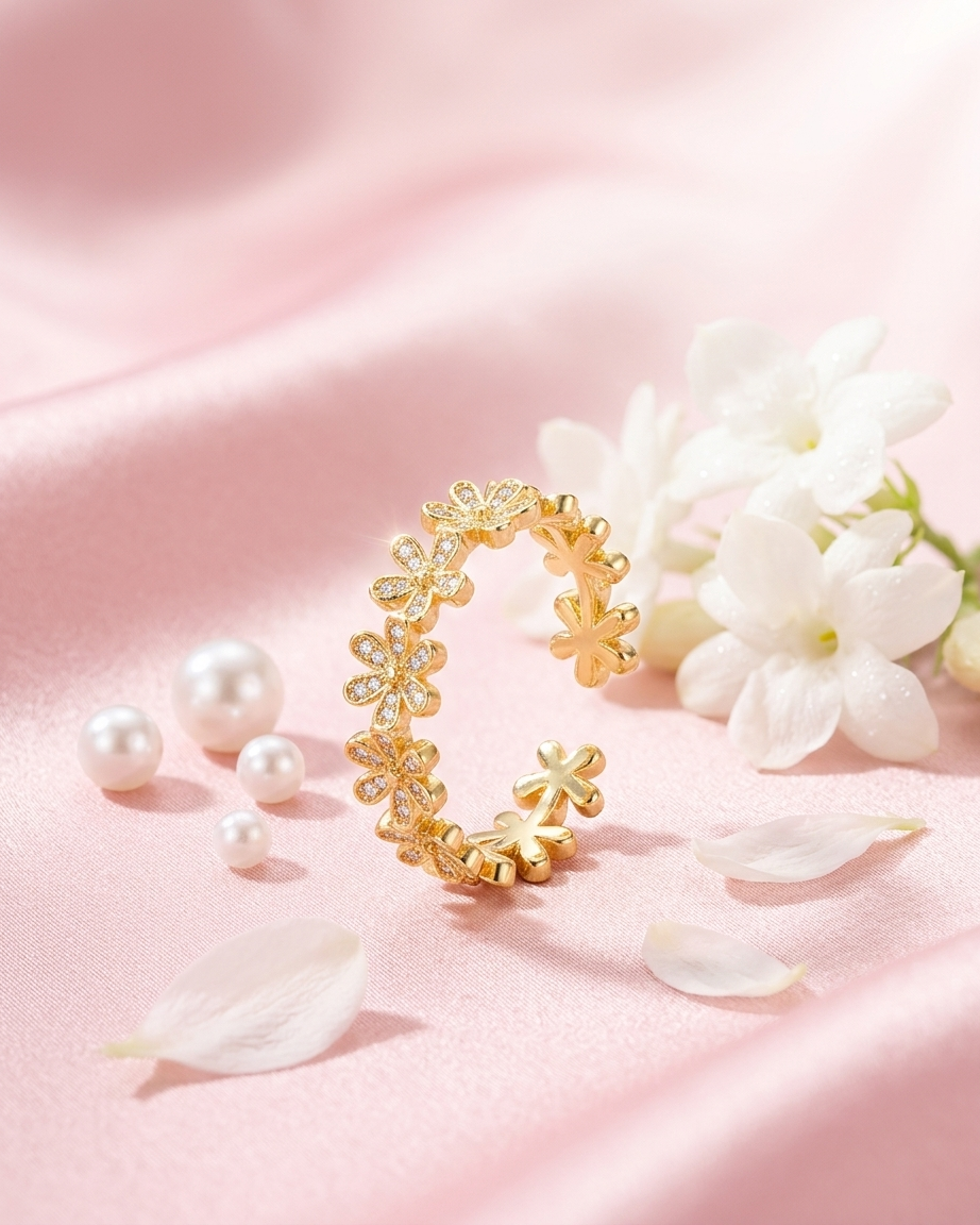 18K Gold Plated Crystal Flower Eternity Ring | Anti-Tarnish Dainty Floral Statement Ring | Waterproof Adjustable Sparkling Bloom Jewelry