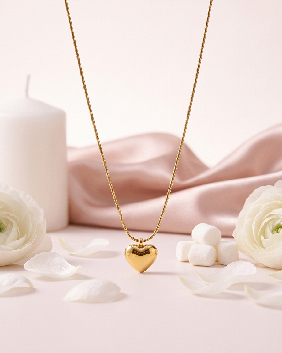18K Gold Plated Heart Necklace | Anti-Tarnish Puffy Heart Pendant | Waterproof Minimalist Intentional Jewelry