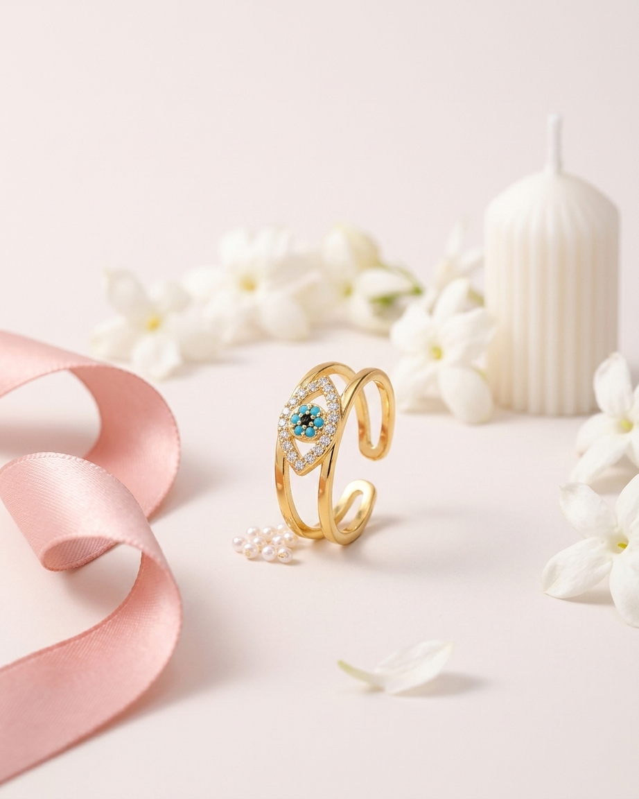 18K Gold Plated Contemporary Double Evil Eye Ring | Anti-Tarnish Adjustable Minimalist Jewelry