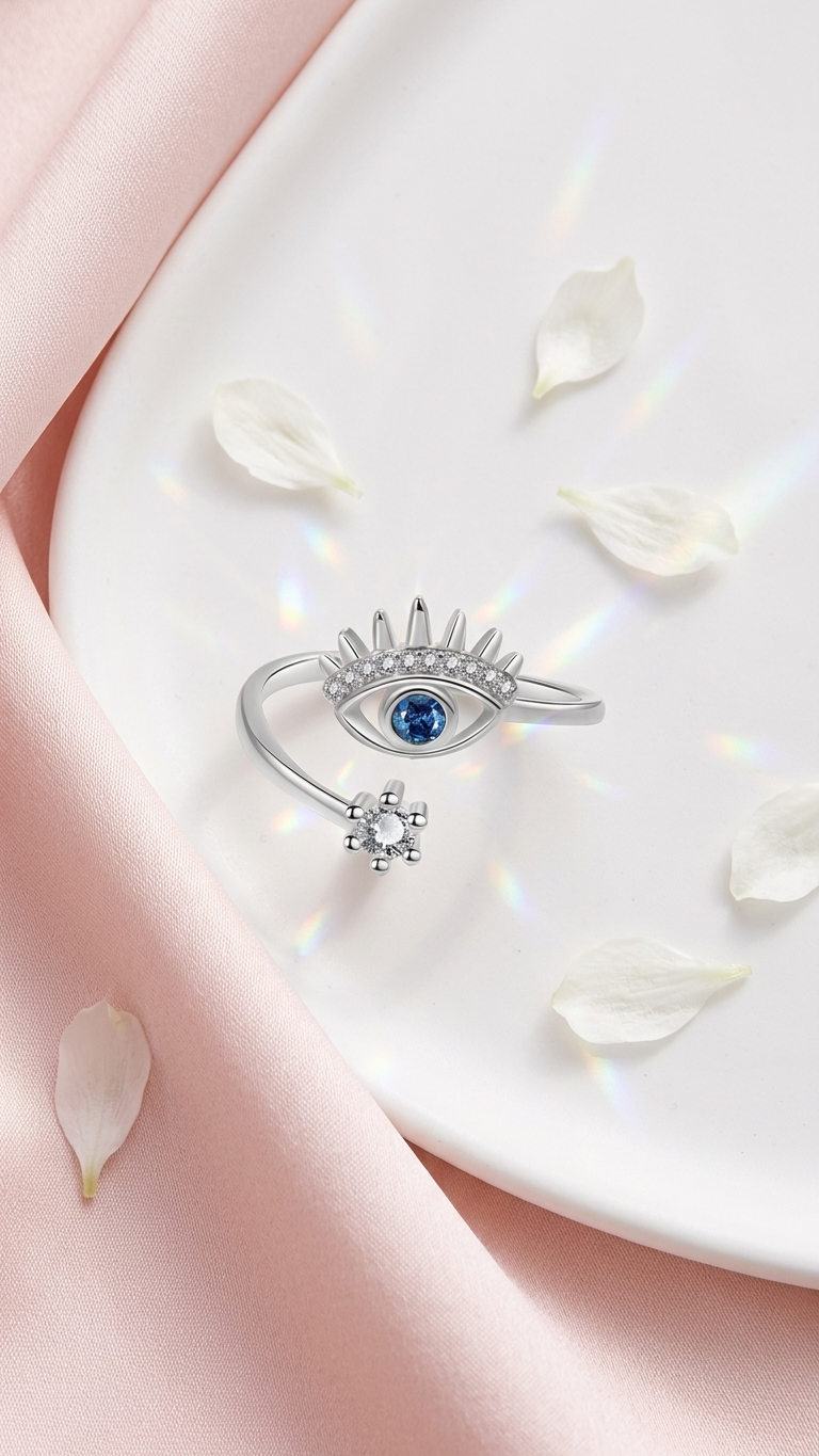 Silver Plated Evil Eye Adjustable Ring | Anti-Tarnish Minimalist Protection Jewelry