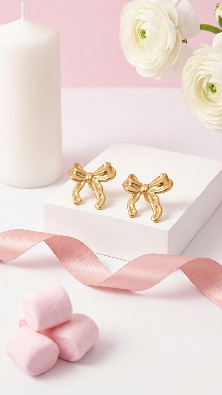 18K Gold Plated Ribbon Bow Earrings | Coquette Aesthetic Anti-Tarnish Studs for Women & Girls