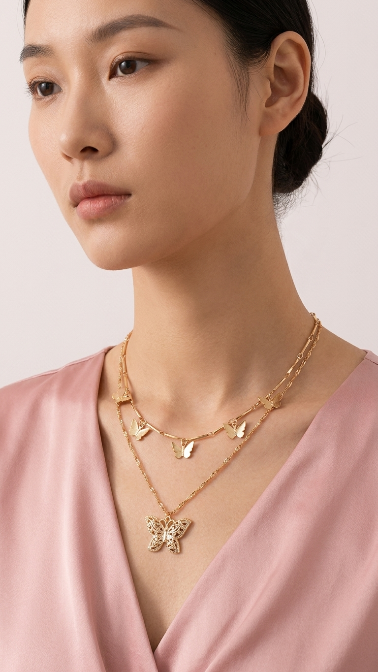 The Mariposa Double Layer Necklace | Butterfly Pendant Chain | 18K Gold Plated Anti-Tarnish